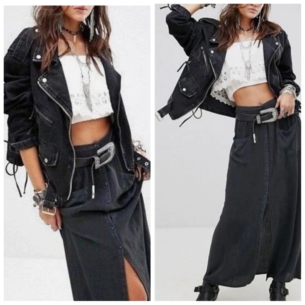Free People Oversized Denim Belted Moto Jacket In Washed Black Size Small - Picture 4 of 8